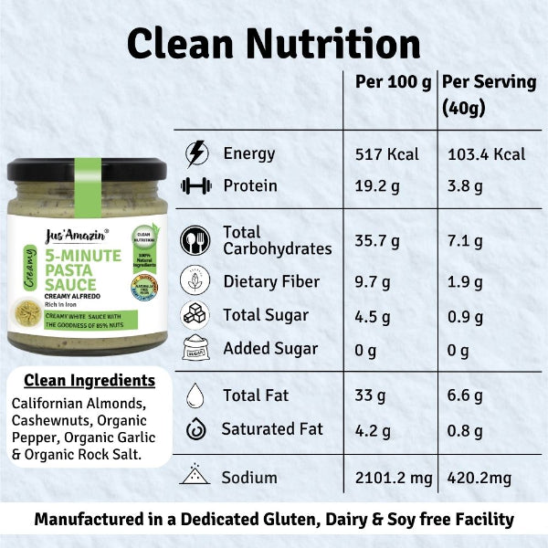 ஜஸ் அமேசின் 100% இயற்கையான 5 நிமிட பாஸ்தா சாஸ் - கிரீமி ஆல்ஃபிரடோ (200 கிராம்)