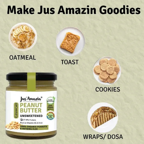 Jus Amazin Crunchy Organic Peanut Butter – Unsweetened (200g) | 28% Protein - Orgoshops