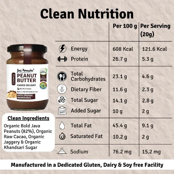 Jus Amazin Creamy Organic Peanut Butter – Choco Delight (200g) | 26.7% Protein - Orgoshops