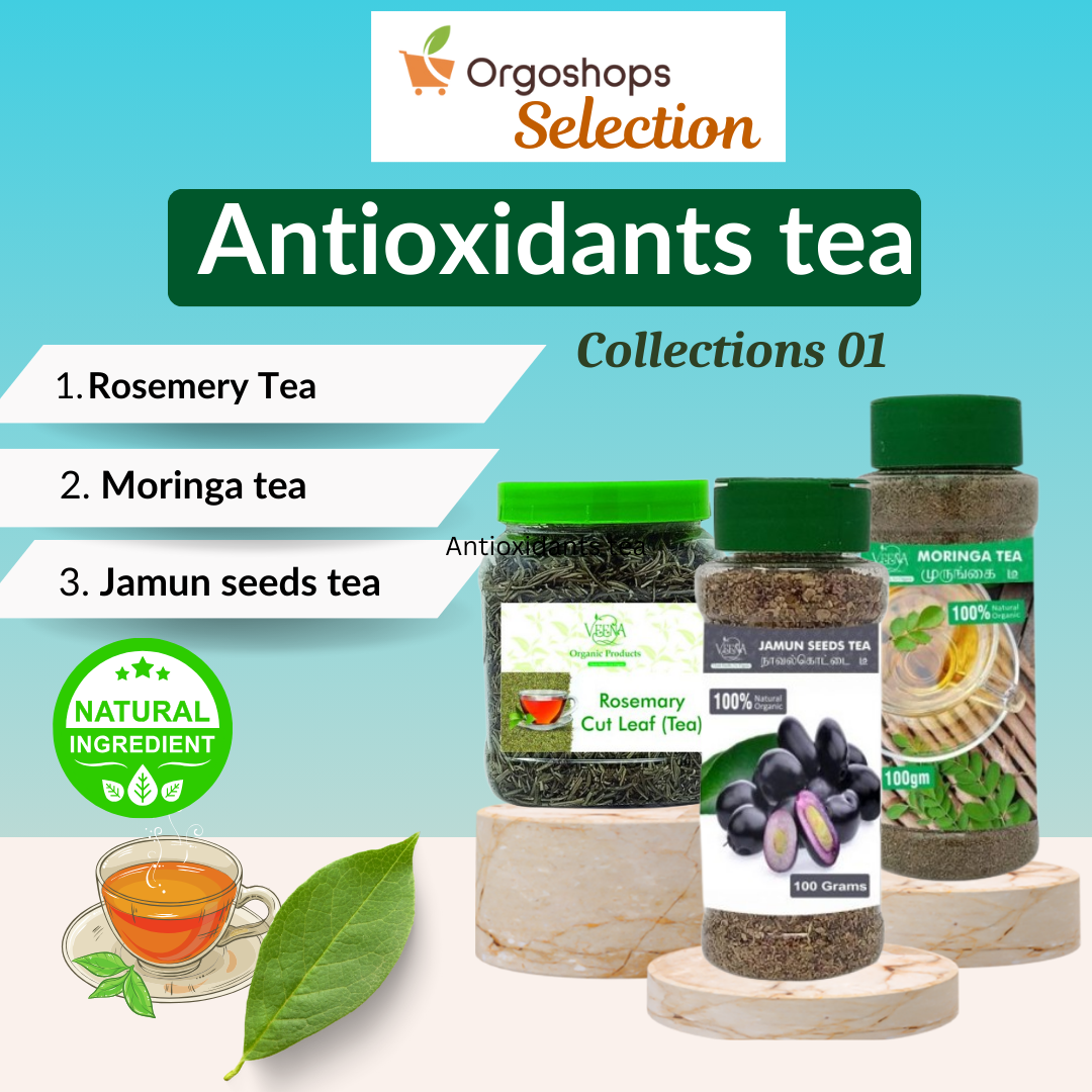 Veena Antioxidants Tea Collections 01 | Combo of Rosemery Cut Leaf Tea – 75g , Jamun Seeds Tea – 100 g & Moringa Tea – 100 g