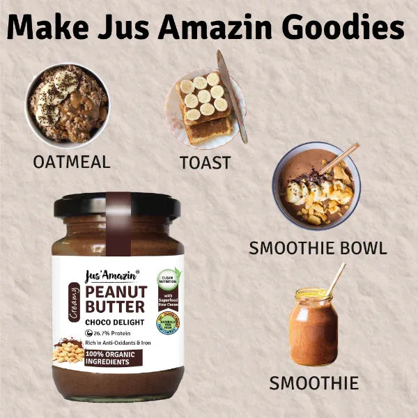 Jus Amazin Creamy Organic Peanut Butter – Choco Delight (200g) | 26.7% Protein - Orgoshops