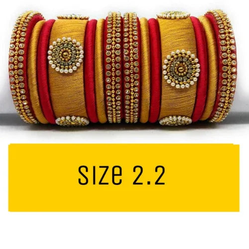 Handmade Silk Thread Bangle Set For Women - 2.2 (Gold And Red) - Orgoshops