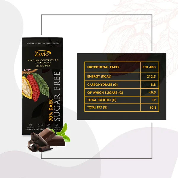 Zevic 70% Dark Belgian Chocolate with Stevia 40 gm - Orgoshops