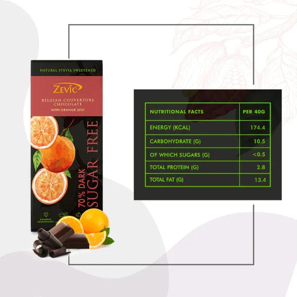 Zevic 70% Dark Belgian Chocolate with Orange Zest and Stevia 40 gm - Orgoshops