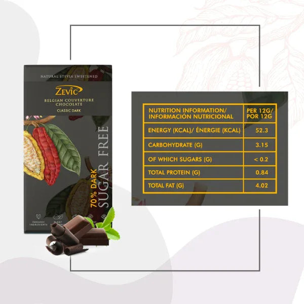 Zevic 70% Dark Belgian Chocolate with Stevia 96 gm - Orgoshops