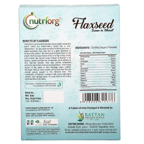 Nutriorgo Certified Organic Flaxseed Raw - 250g ( Pack of 2 )