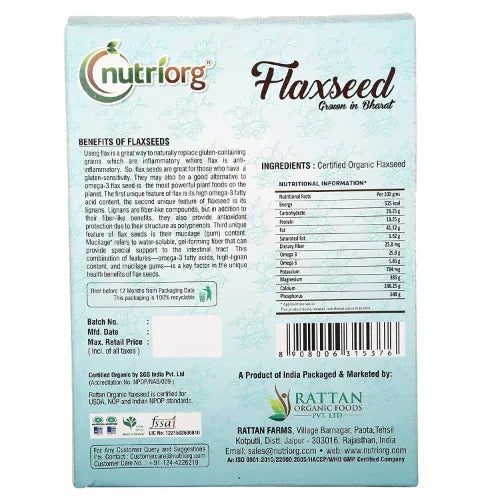 Nutriorgo Certified Organic Flaxseed Raw - 250g ( Pack of 2 ) - Orgoshops
