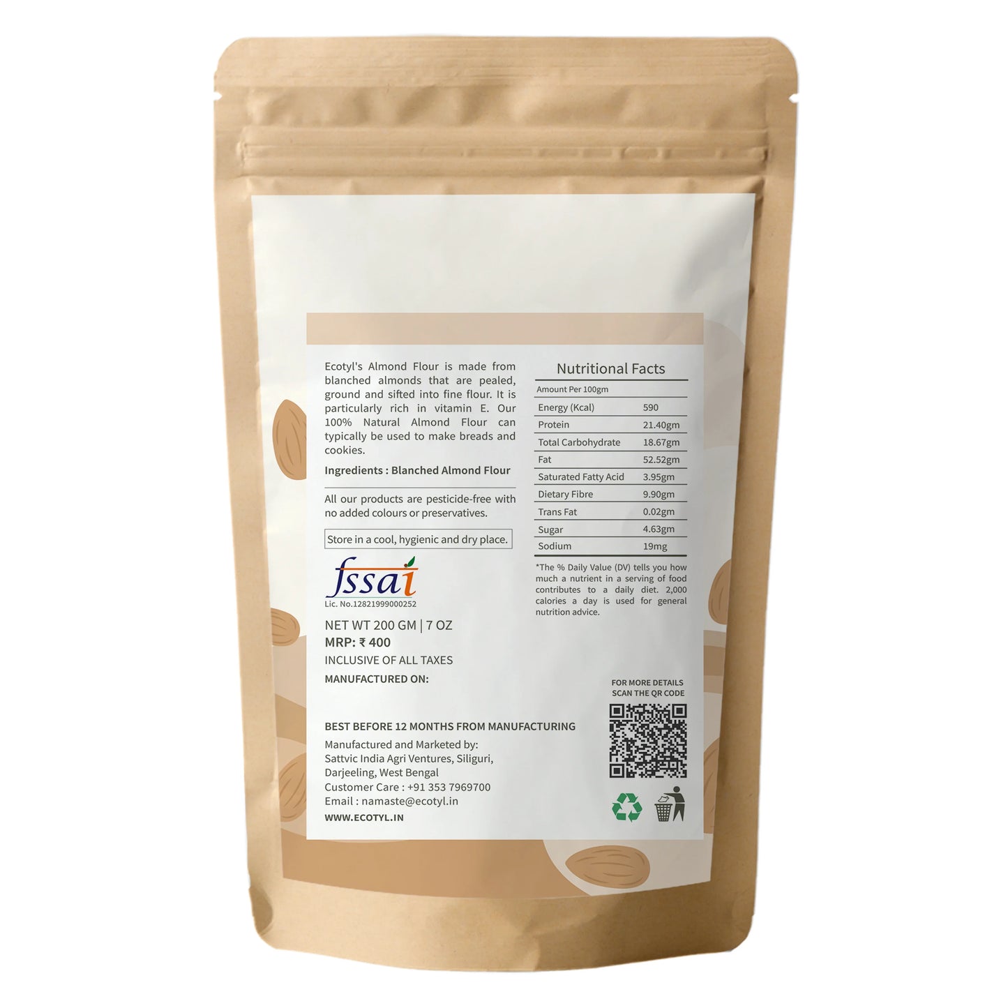 Ecotyl Almond Flour (Blanched) | Gluten Free | Keto Friendly - 200g - Orgoshops