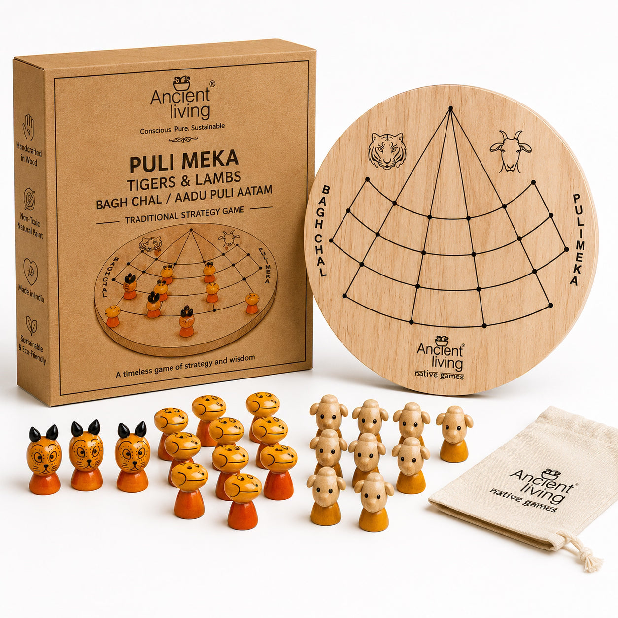 Anciant living Puli Meka / Tigers & Lambs / Bagh Chal / Aadu Puli Aatam Board Game - Crafted in Wood