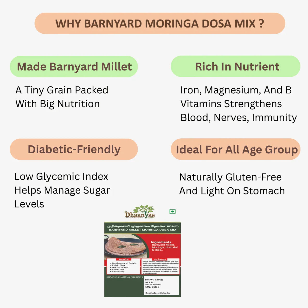 Dhaanyas Barnyard Millet Moringa Dosa Mix - 200 Gms (Pack of 3) - Orgoshops