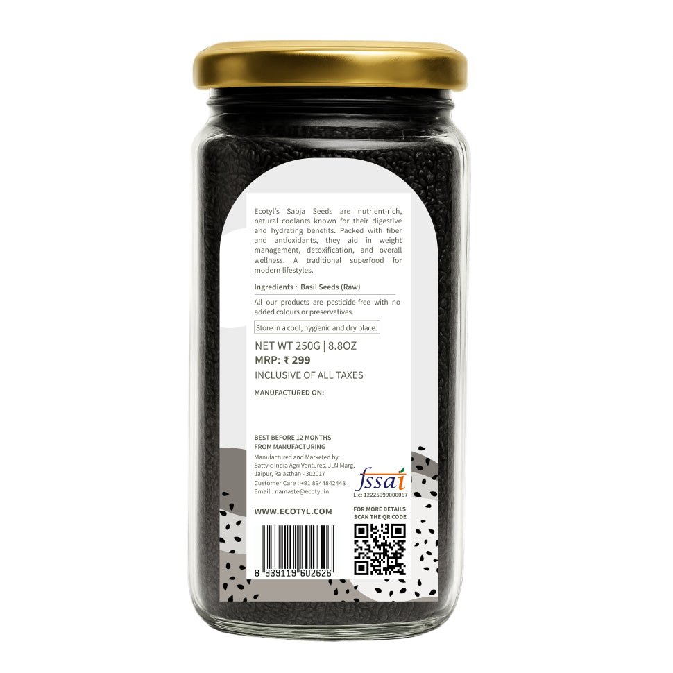 Ecotyl Basil Seeds | Sabja Seeds | Rich in Omega-3 & Fibre | Detox & Hydrate - 250g