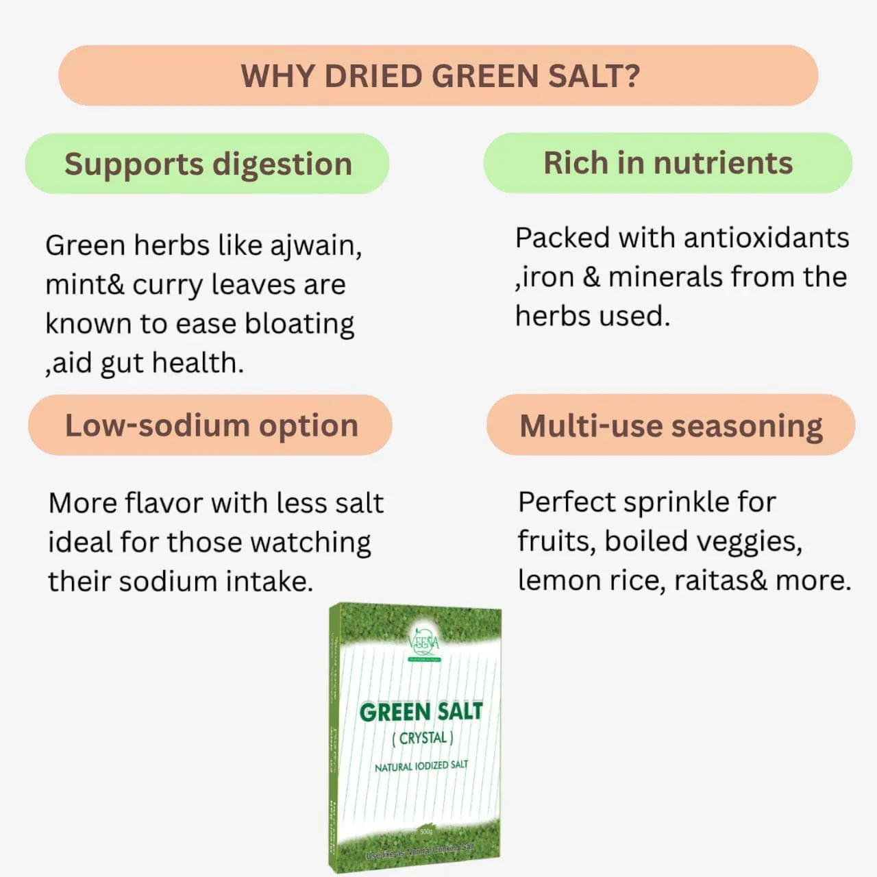 Veena Dried Green Salt ( Crystal )Added With Natural Lodine Moringa Leaf - 500g ( Pack of 4 ) - Orgoshops