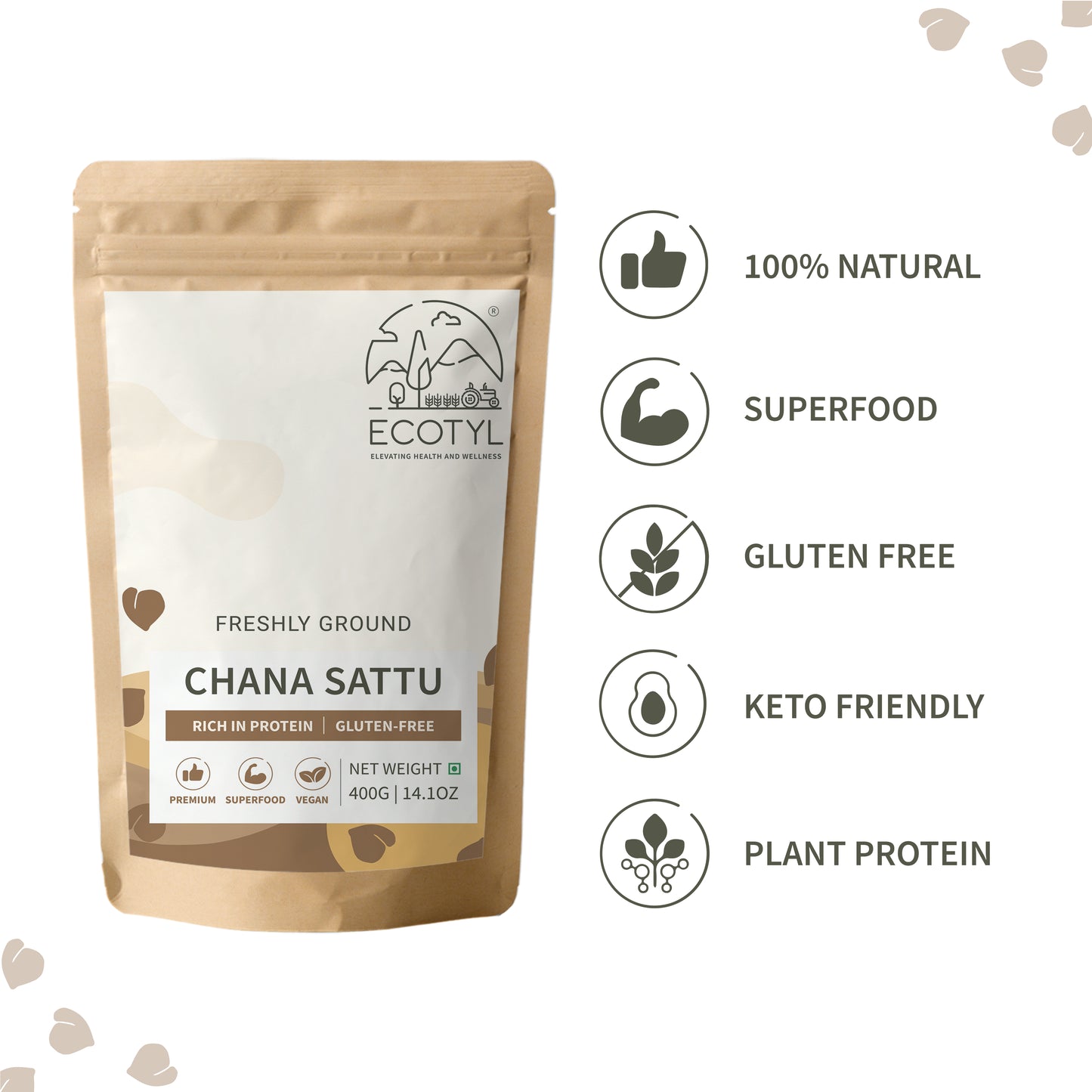 Ecotyl Sattu Atta | Roasted Gram Flour | Plant Based Protein - 400g