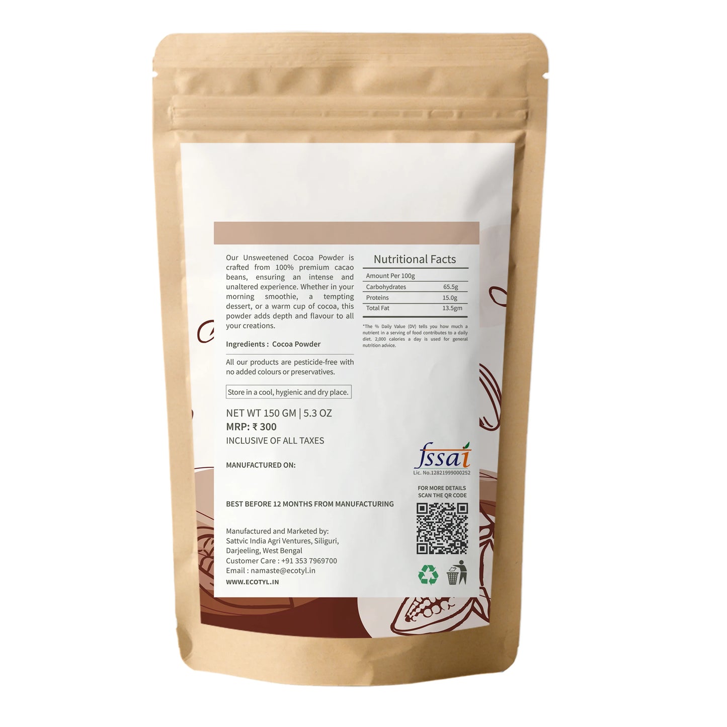 Ecotyl Cocoa Powder | Unsweetened | Perfect for Baking - 150g - Orgoshops
