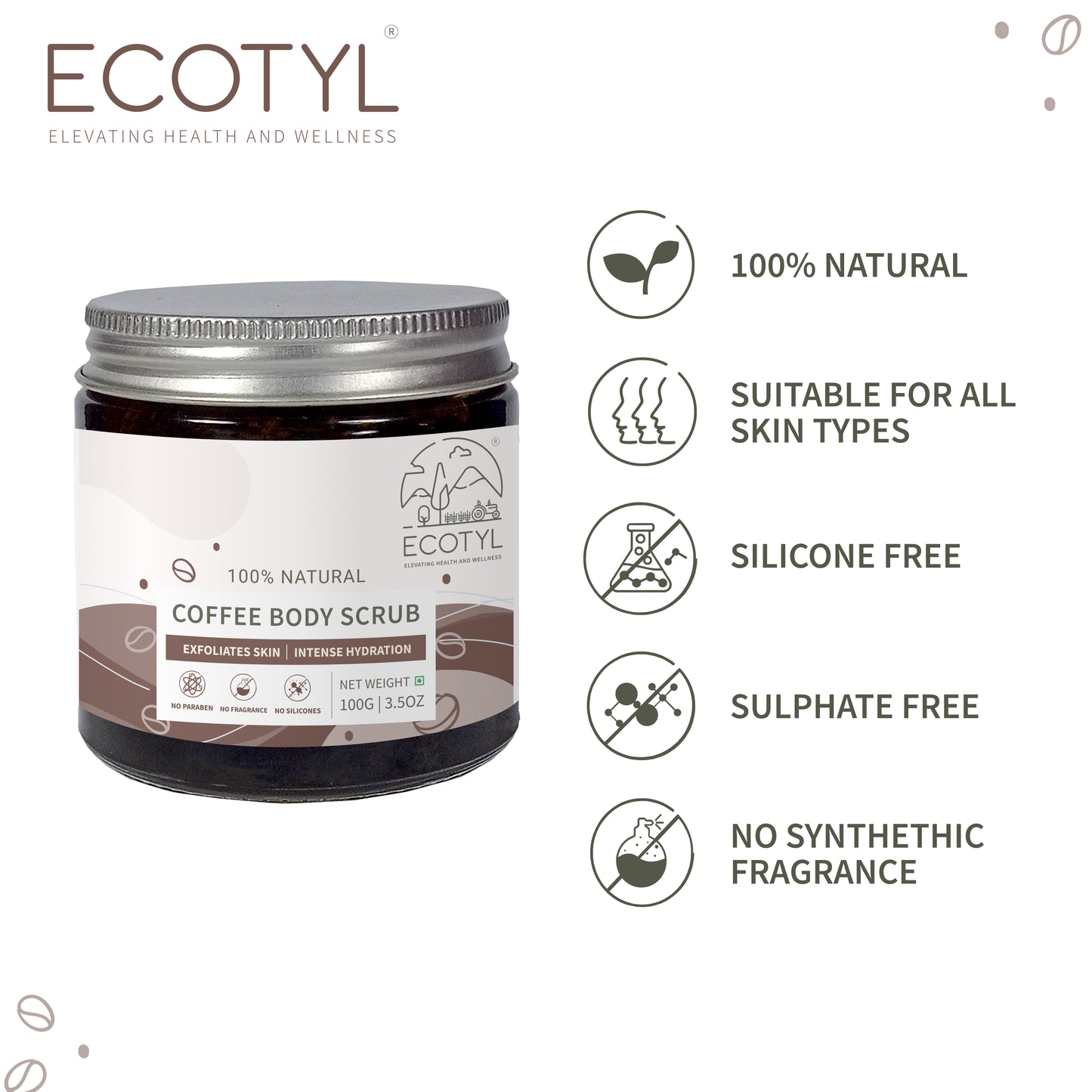 Ecotyl Natural Coffee Body Scrub | For Gentle Exfoliation | No Silicones & Mineral Oil - 100g