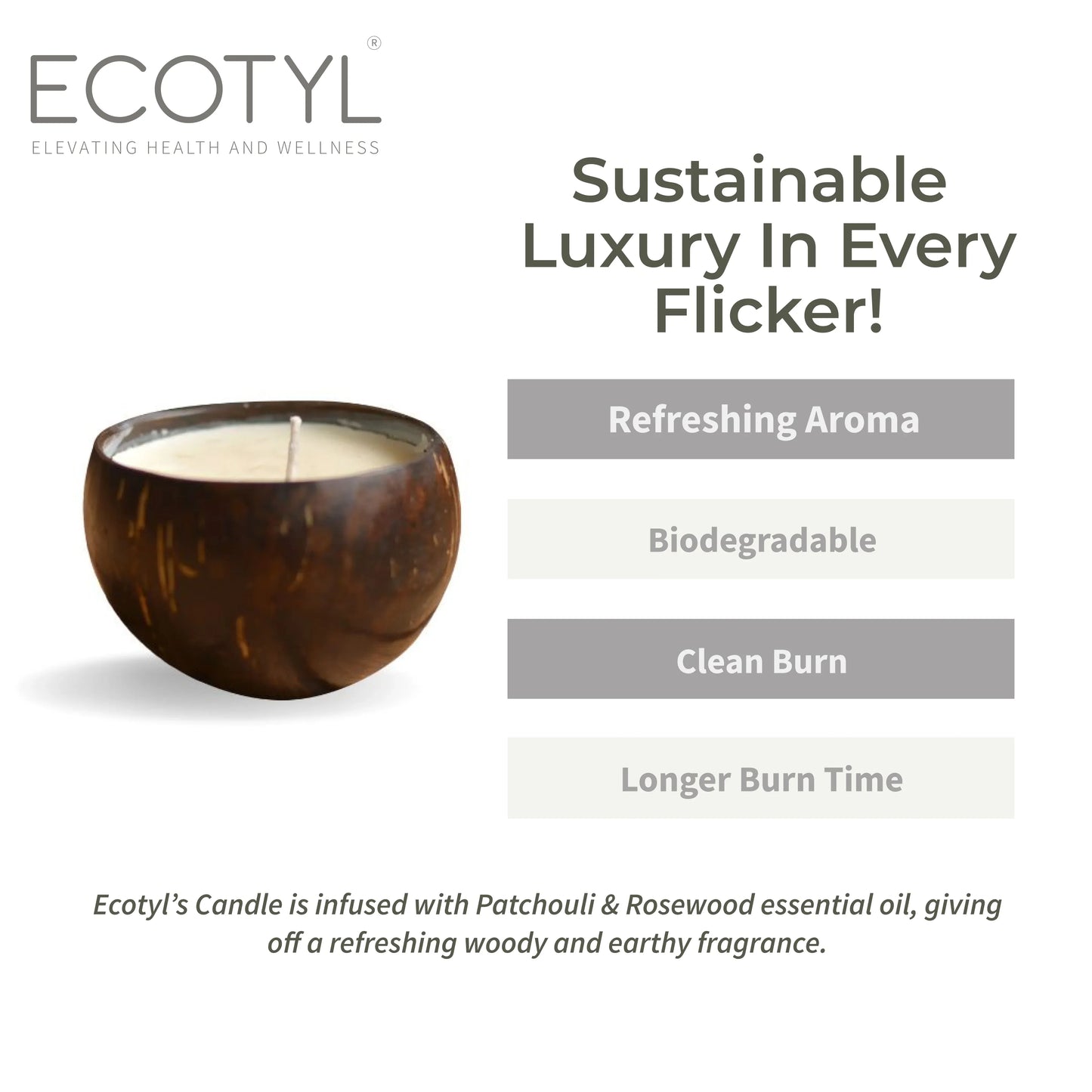 Ecotyl Coconut Shell Candle - Patchouli & Rosewood | Pure Soy Wax - 100g - Orgoshops
