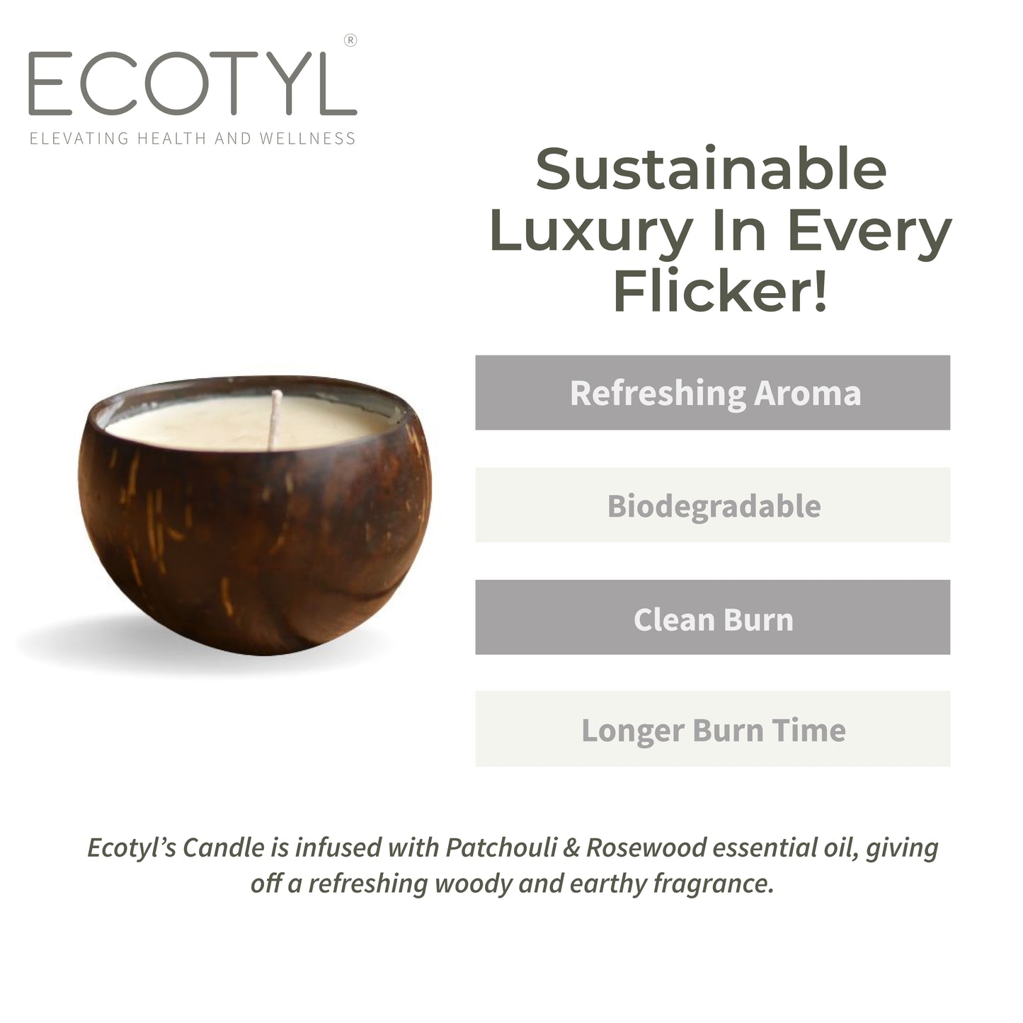 Ecotyl Coconut Shell Candle - Patchouli & Rosewood | Pure Soy Wax - 100g