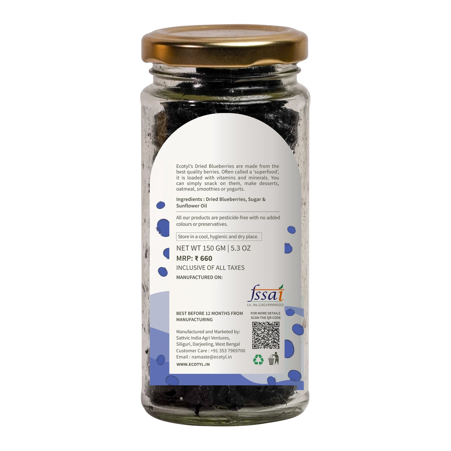 Ecotyl Dried Blueberries | Whole Dried Fruit | Healthy Snack -.150g