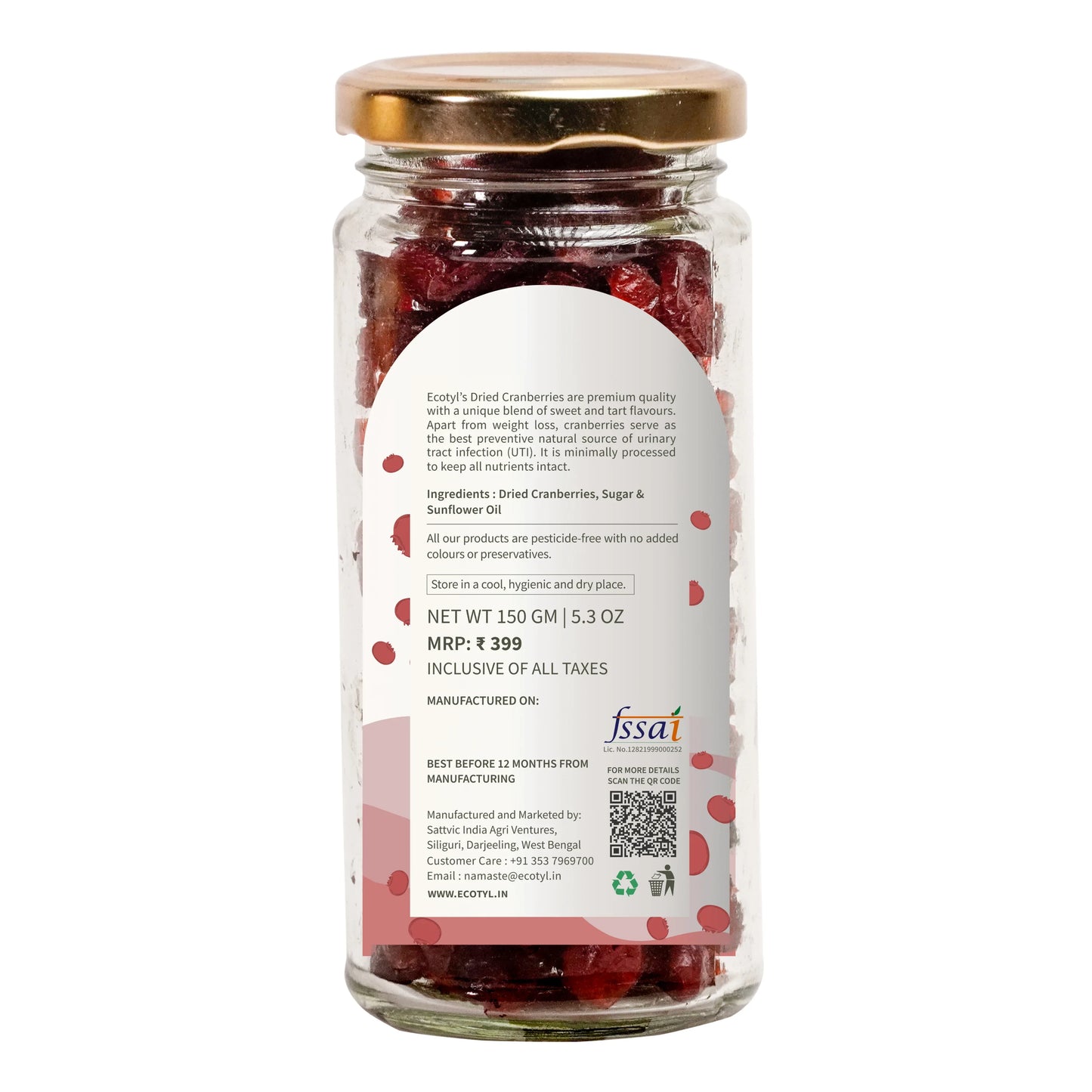 Ecotyl Dried Cranberries | Seedless Dried Fruit | Healthy Snack - 150g - Orgoshops
