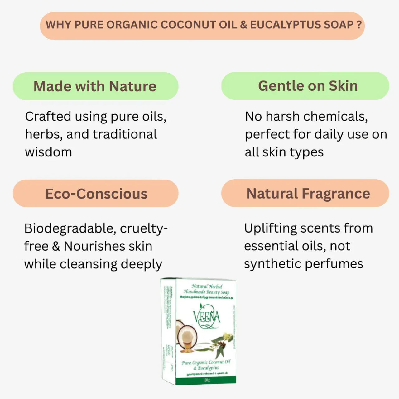 Veena Pure Organic Coconut oil & Eucalyptus Soap - 100g ( pack of 3 ) - Orgoshops