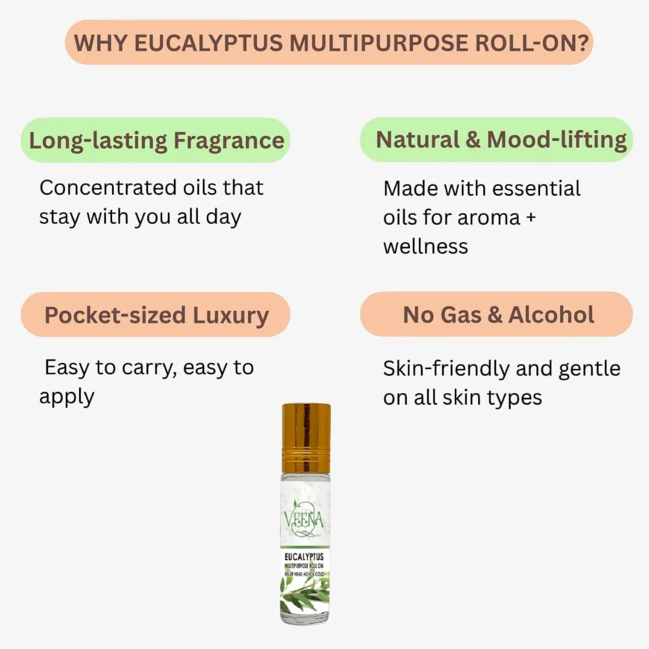 Veena Eucalyptus Multipurpose Roll On – Relief Head Ache And Cold - 10 ml ( Pack of 3) - Orgoshops