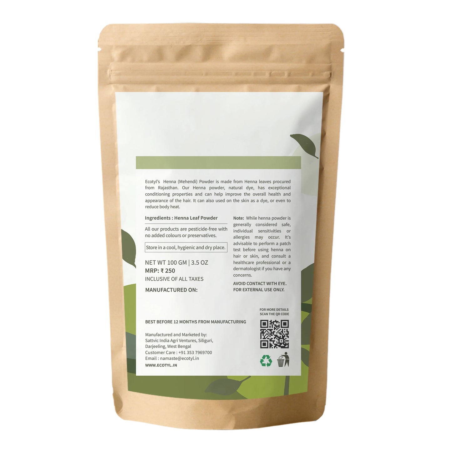 Ecotyl Henna Powder | Natural Hair Dye | Hair Strengthening - 100g - Orgoshops