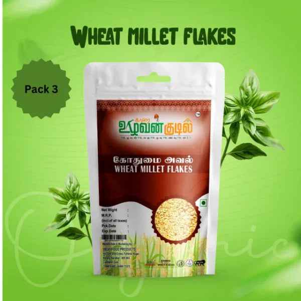 Karai Uzhavan Kudil Wheat Millet Flakes / Gothumai Aval - 150 g (Pack of 3) - Orgoshops