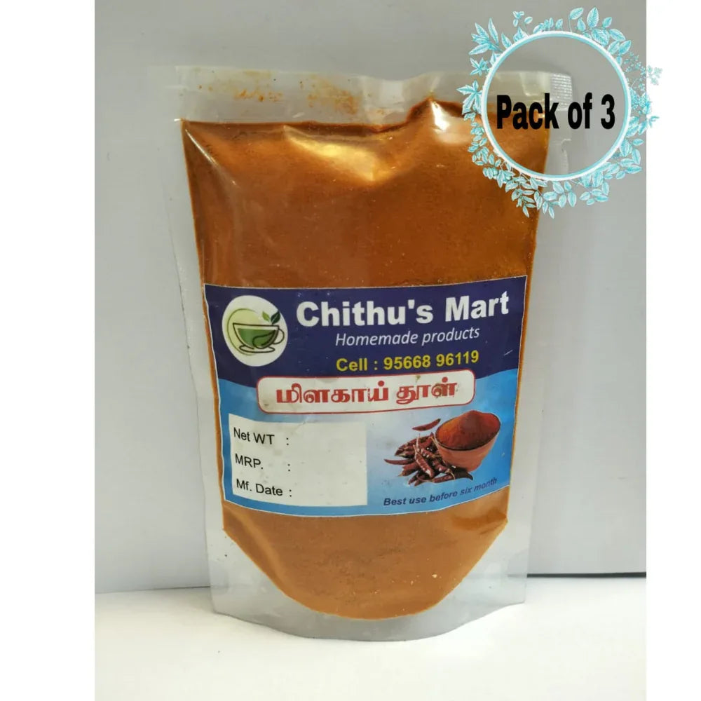 Chithu's Mart : Red Chilli Powder / Milagai Thool - 100 grams ( Pack of 3 ) - Orgoshops