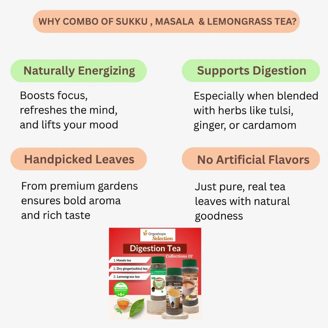 Veena Digestion Tea Collections 02 | Combo of Sukku Tea , Masala Tea and Lemongrass Tea - Each 100g - Orgoshops