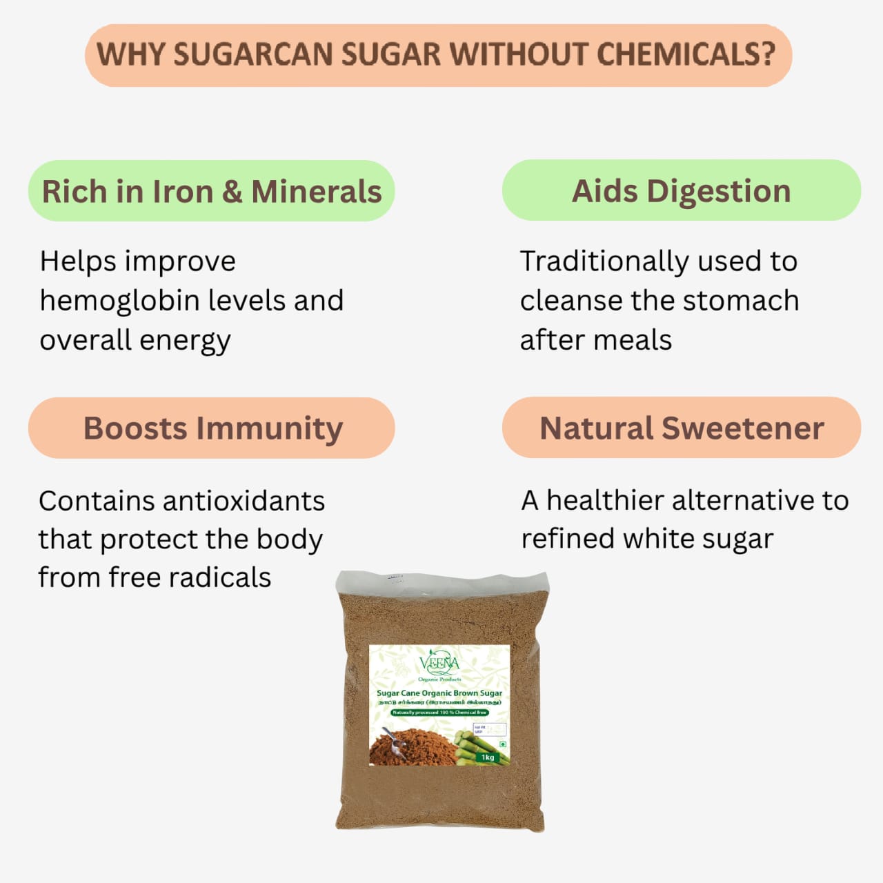 Veena Sugar Cane Brown Sugar Without Chemicals - 1kg ( Pack of 2 )