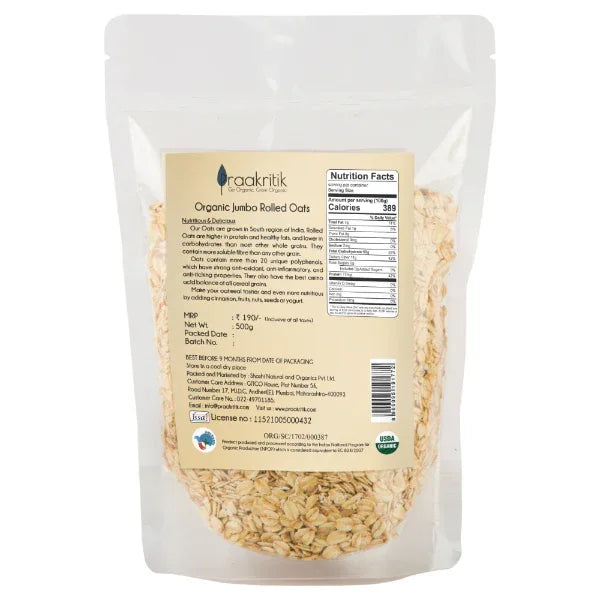 Prakritik Organic Jumbo Rolled Oats-500g - Orgoshops