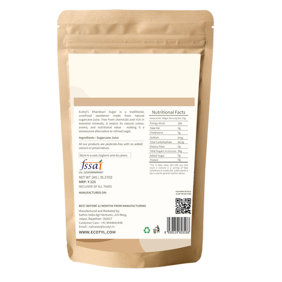 Ecotyl Khandsari Sugar | Unrefined Natural Sweetener | Rich in Minerals - 1kg