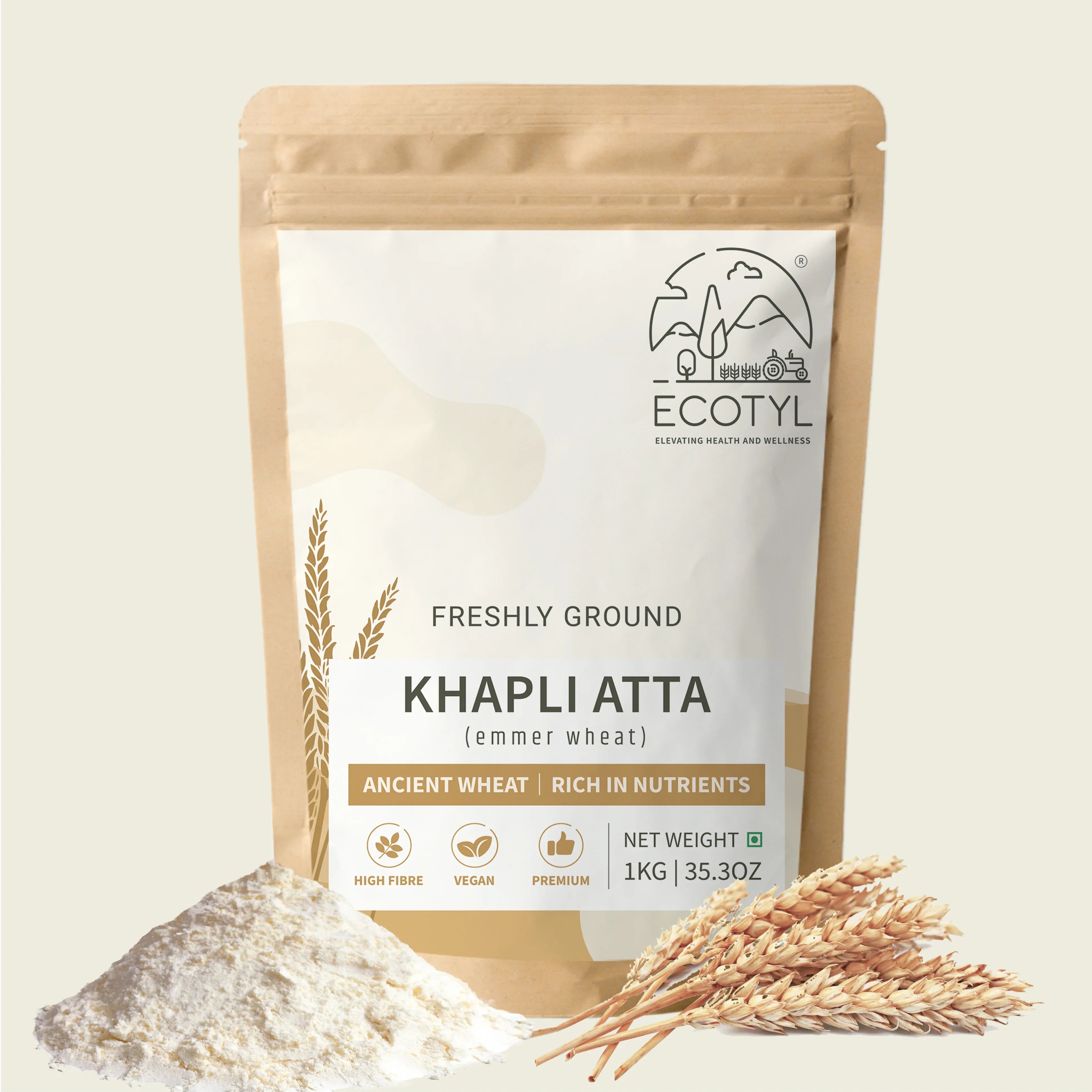 Ecotyl Khapli Atta | Emmer Wheat | Low Gluten - 1kg - Orgoshops