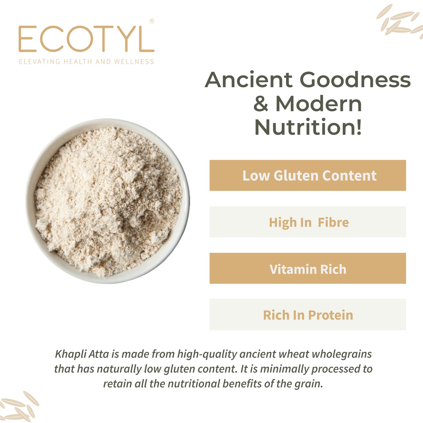 Ecotyl Khapli Atta | Emmer Wheat | Low Gluten - 1kg