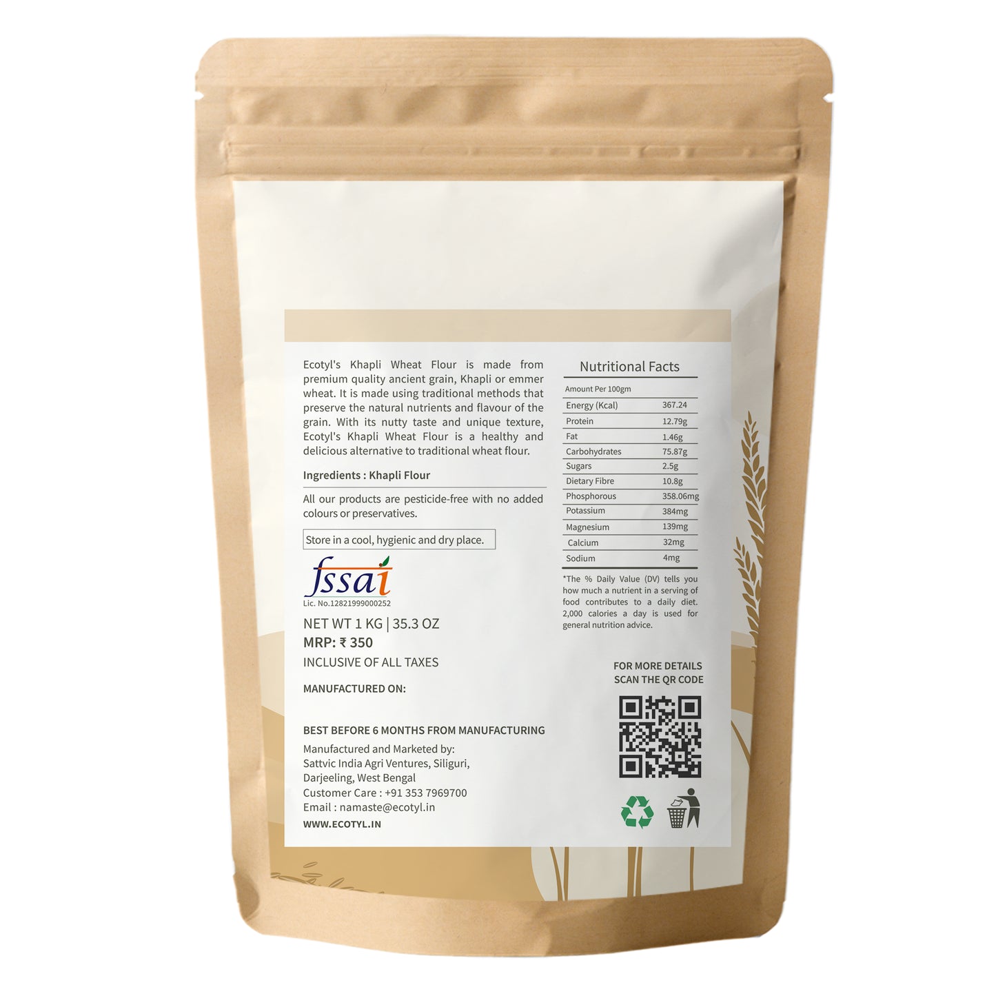 Ecotyl Khapli Atta | Emmer Wheat | Low Gluten - 1kg