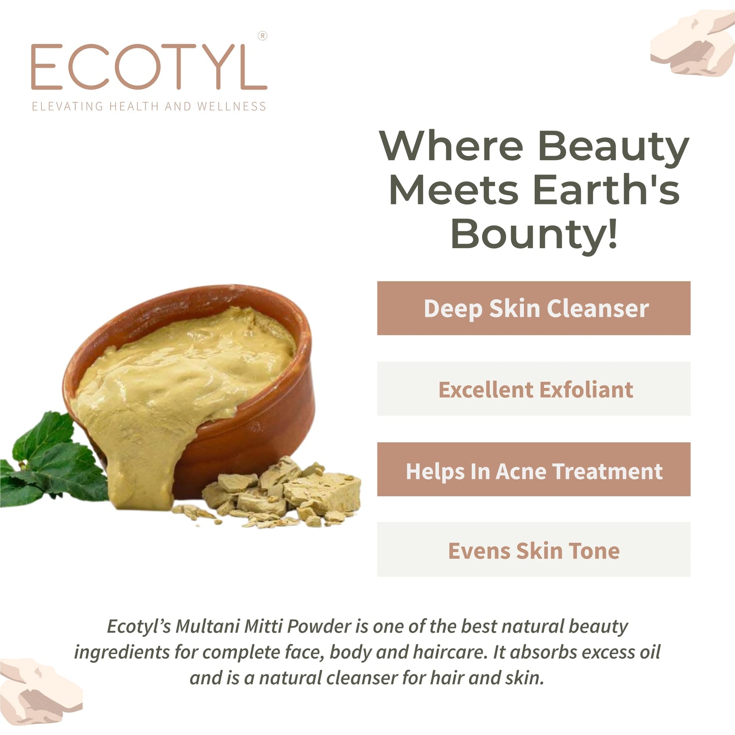 Ecotyl Pure Multani Mitti | Face Pack for Exfoliation & Clear Skin | Bentonite Clay - 150g - Orgoshops