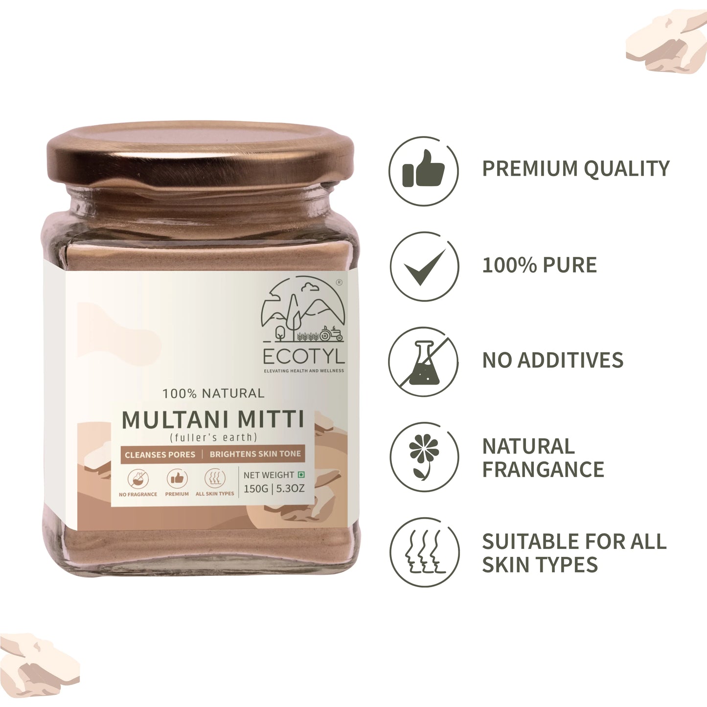 Ecotyl Pure Multani Mitti | Face Pack for Exfoliation & Clear Skin | Bentonite Clay - 150g - Orgoshops