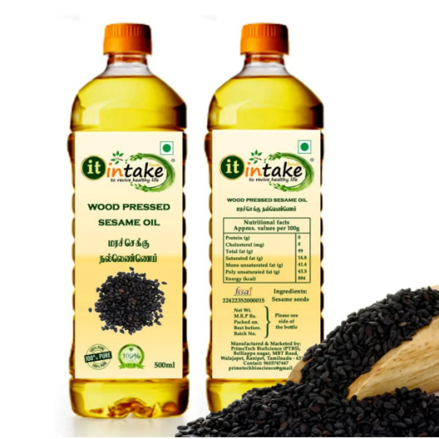 Intake Wood Pressed Sesame Oil / Gingerly Oil / Chekku Nala Ennai - 100%Pure Organic Oil - 1 L - Orgoshops