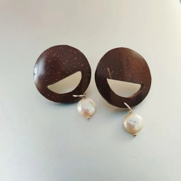 Onearth Pearl & Round Coconut Shell Earrings (Golden Hook)-10g - Orgoshops