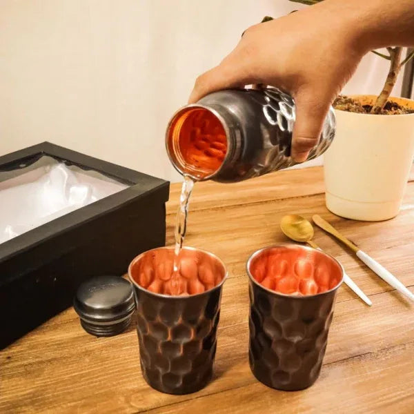 Copper Bottle Black Finish Gift Set (750ml Antique Black Bottle with 2 Glasses)-500g - Orgoshops