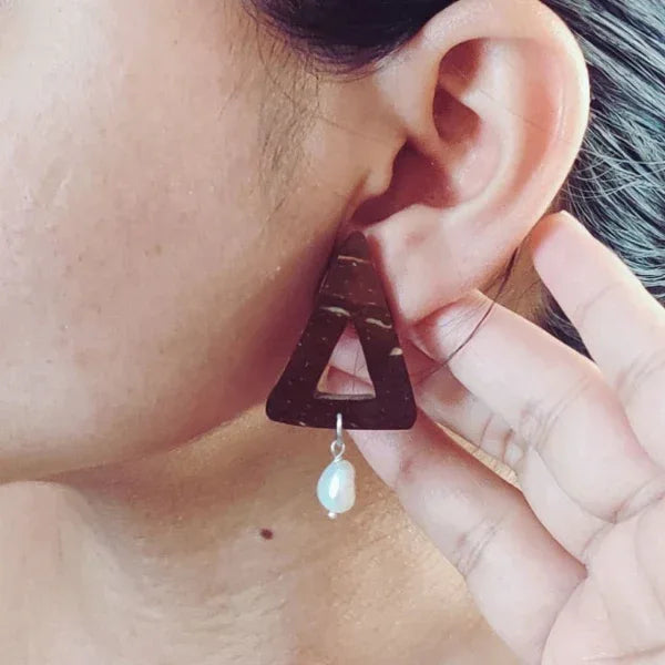 Onearth Pearl & Triangle Coconut Shell Earrings (Golden Hook)-10g - Orgoshops