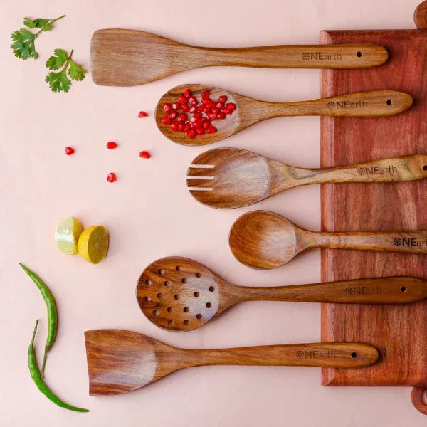 Wooden Premium Cooking & Serving Kitchen Tool 6 Pieces Spoon Set-700g - Orgoshops