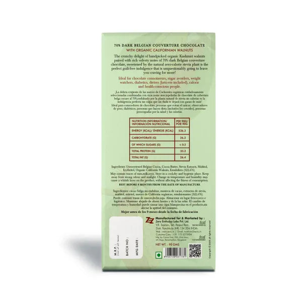 70% Dark Belgian Couverture Chocolate with Organic Californian Walnuts 90 gm - Orgoshops