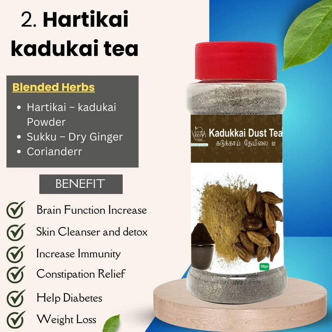 Natural Sugar Balance Tea Collections T2 | Combo of Herbal Tea With 50 Herbs – 80gm ,Hartikai kadukai Dust Tea – 100g ,Lemongrass Cut Leaf Tea – 75g and Rosemery Cut Leaf Tea – 75g | Veena Product - Orgoshops