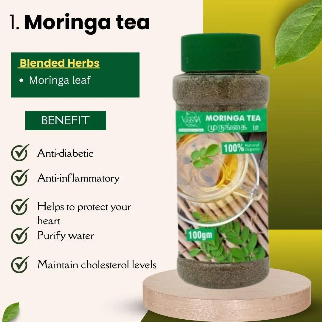 Antioxidants Tea Collections T9 | Combo of Moringa Tea – 100 g ,Hibiscus Tea – 80 g & Lemongrass Cut Leaf Tea – 75g | Veena Products - Orgoshops