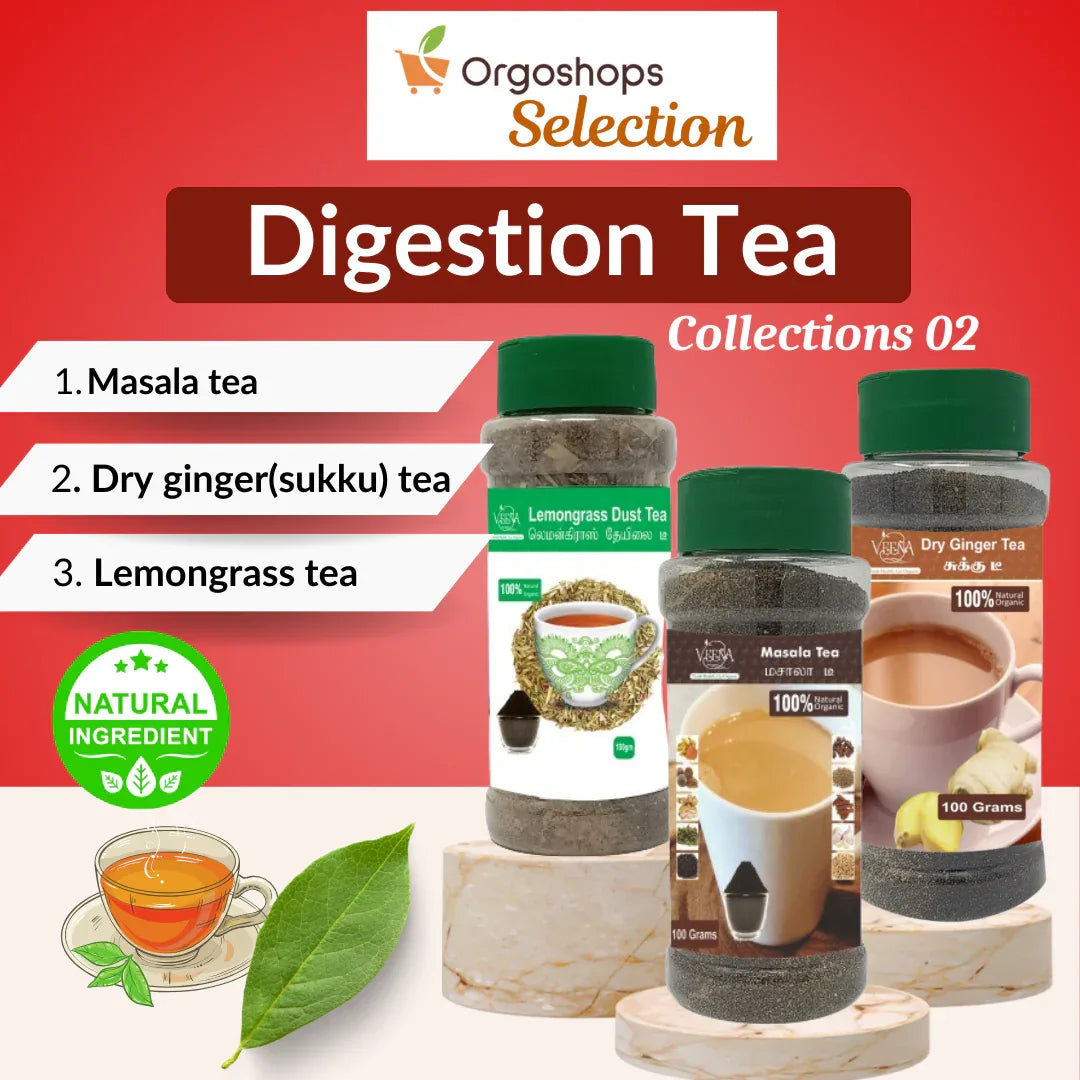 Veena Digestion Tea Collections 02 | Combo of Sukku Tea , Masala Tea and Lemongrass Tea - Each 100g - Orgoshops