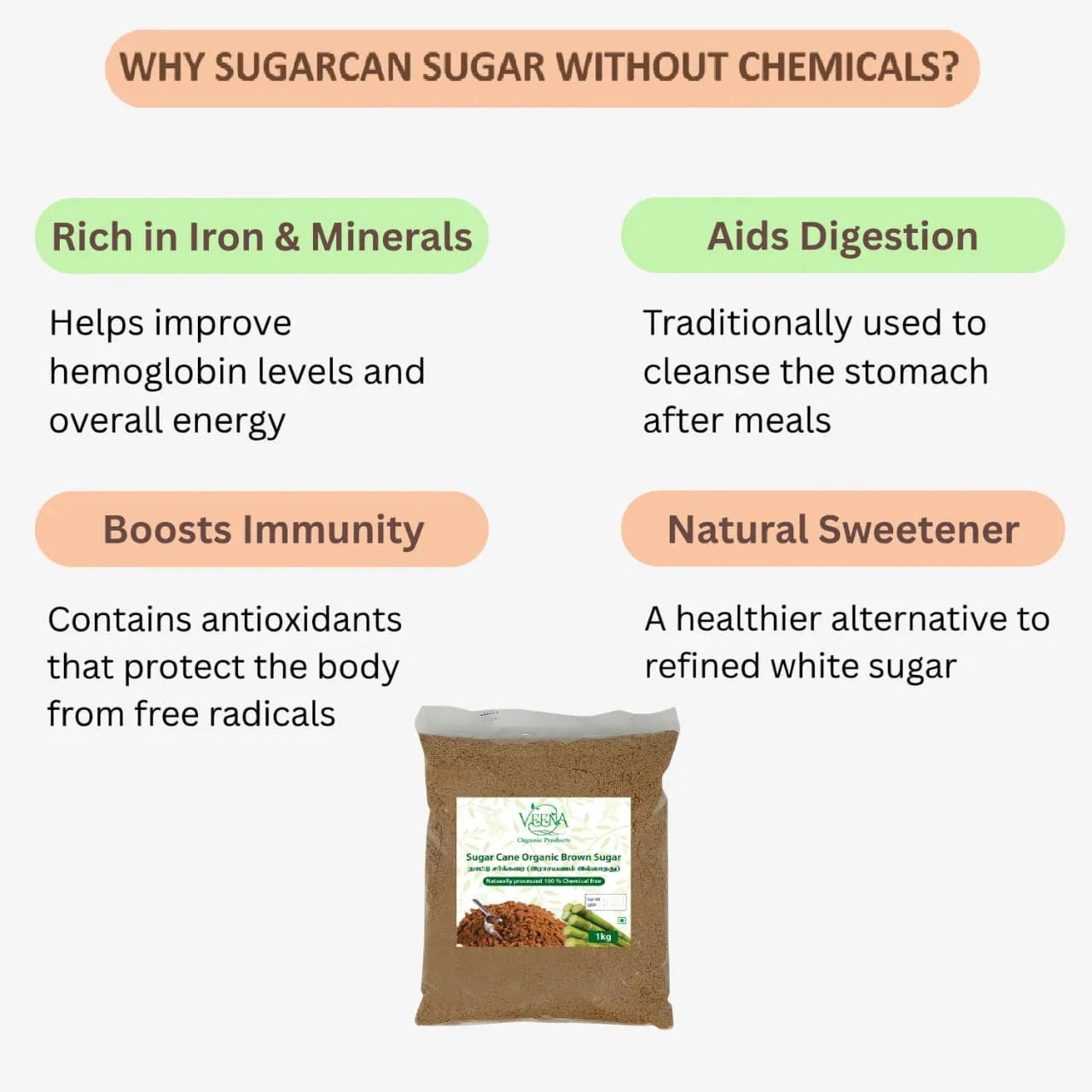Veena Sugar Cane Brown Sugar Without Chemicals - 1kg ( Pack of 2 ) - Orgoshops