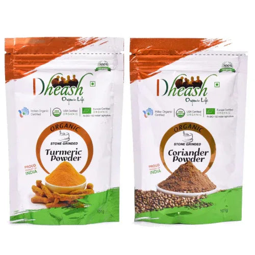 Dheash Organic : Spices Combo Turmeric and Coriander Powder - 100 g (Pack of 2) - Orgoshops