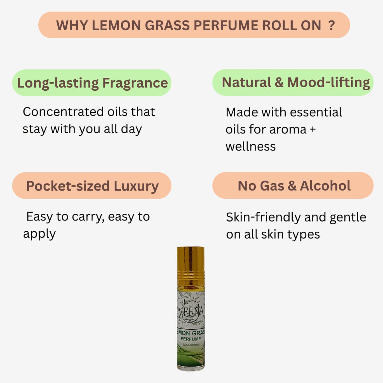 Veena Lemon Grass Perfume Roll on - 10 ml ( Pack of 2 )