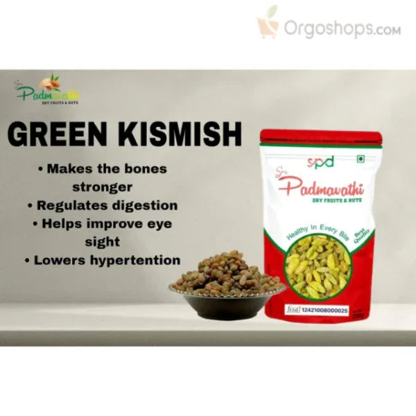 Premium 100% Natural Dried Green Kismish/Kismish/Green Raisins /Raisin - 250g (Sri Padmavathy Dry Fruits and Nuts) - Orgoshops